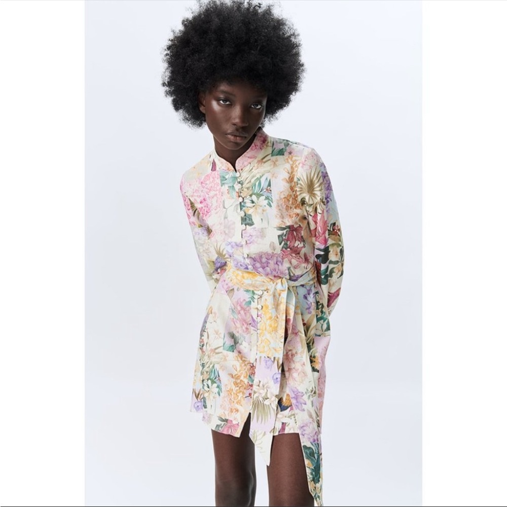 Zara Pacthwork Linen Long-sleeve Mini Dress